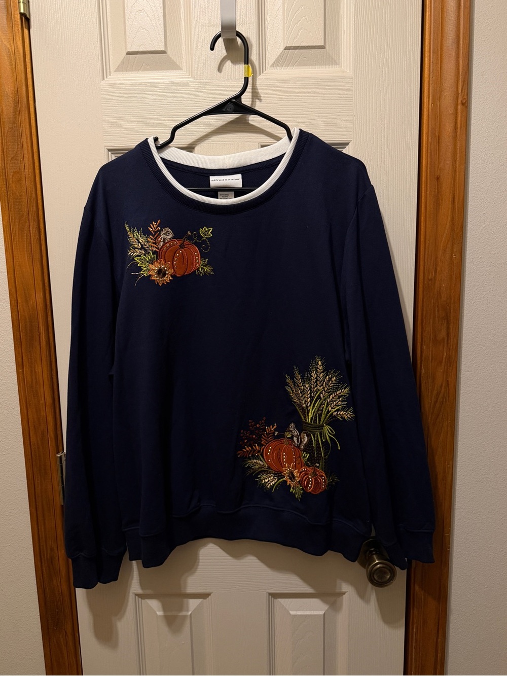 Alfred Dunner Navy Blue Embroidered Pumpkin Sweatshirt - Casual Fall Sweater